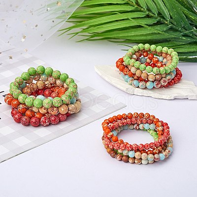 3Pcs 3 Size Synthetic Imperial Jasper Round Beaded Stretch Bracelets Set BJEW-SW00064-26-1