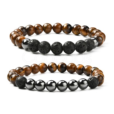 Natural Tiger Eye & Lava Rock & Synthetic Hematitie Beads Stretch Bracelet Set BJEW-JB07030-1