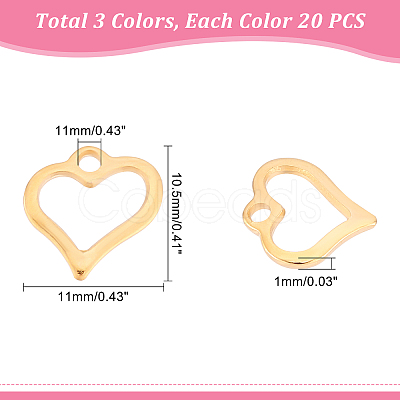 DICOSMETIC 60Pcs 3 Colors 304 Stainless Steel Open Heart Charms STAS-DC0007-60-1