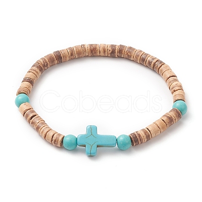 Coconut & Cross Dyed Synthetic Turquoise Beaded Stretch Bracelet for Men Women BJEW-JB09293-1