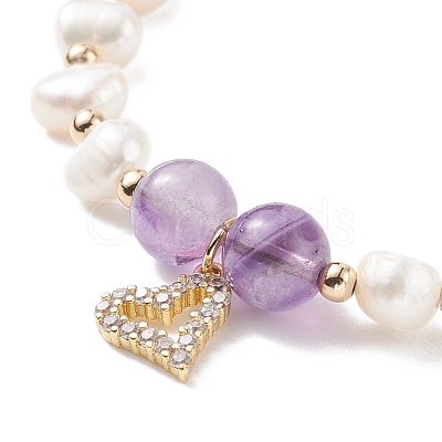 Natural Amethyst & Pearl Beaded Bracelet with Cubic Zirconia Heart Charm BJEW-JB08167-01-1