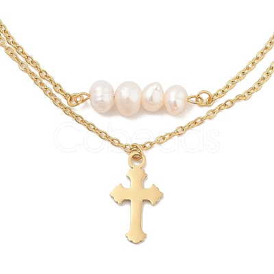 304 Stainless Steel & Plastic Imitaiton Pearl Double Layer Cross Charm Anklets for Women AJEW-A059-01G-01-1