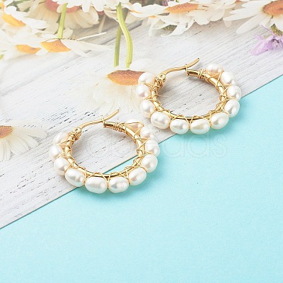 Natural Pearl Beads Brass Hoop Earrings EJEW-JE04565-1