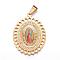 304 Stainless Steel Lady of Guadalupe Pendants, with Rhinestones and Glass, Oval with Virgin Mary, Golden, 44x33x2.5mm, Hole: 5x8mm