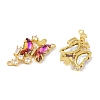 Brass Pave Medium Violet Red & Clear Cubic Zirconia Connector Charms KK-P273-09G-2