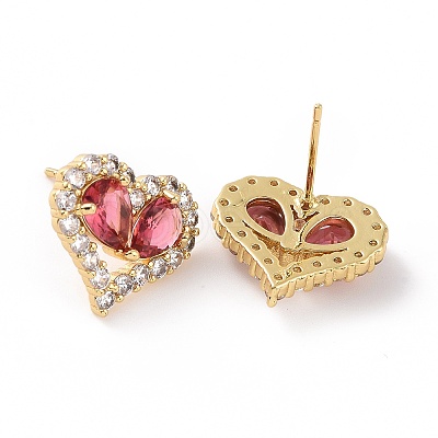 Cerise Cubic Zirconia Heart Stud Earrings EJEW-F298-06G-1