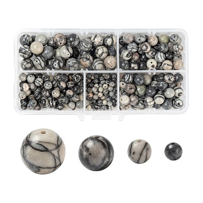 340Pcs 4 Style Natural Black Silk Stone/Netstone Beads G-LS0001-38-1