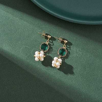 Shell Pearl Flower with Glass Square Dangle Stud Earrings EJEW-TA00162-1