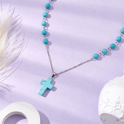 Cross Synthetic Turquoise Pendant Necklaces NJEW-JN05009-1