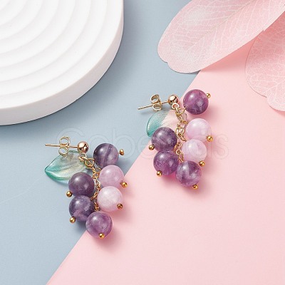 Grape and Leaf Dangle Stud Earrings EJEW-TA00034-1