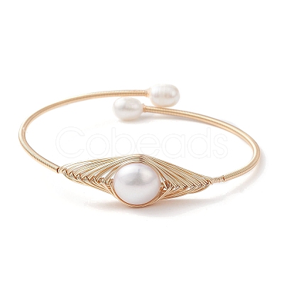 Natural Pearl Beaded Cuff Bangles BJEW-JB10120-02-1