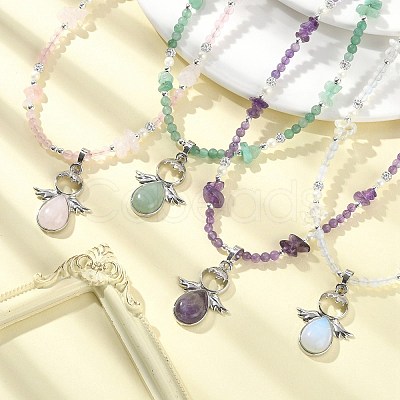 Natural & Synthetic Mixed Gemstone Angel Pendant Necklace with Shell Pearl Beaded Chains NJEW-JN04373-1