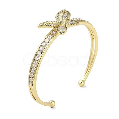 Rack Plating Brass Pave Clear Cubic Zirconia Butterfly Open Cuff Bangles for Women BJEW-R317-02G-1