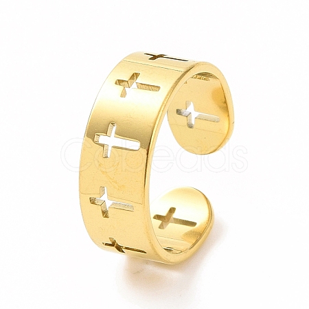 Ion Plating(IP) 304 Stainless Steel Hollow Out Cross Open Cuff Ring for Women RJEW-C053-02G-1