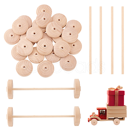 Unfinished Schima Wood Vehicle Wheels & Birch Wood Stick Sets DIY-WH0308-326B-1