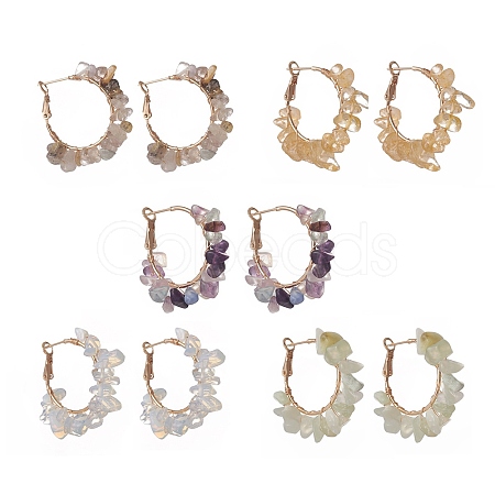 Natural Gemstone Chips Beaded Hoop Earrings EJEW-JE05175-1