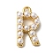 Plastic Imitation Pearl Pendants, with Brass Findings, Golden, Letter R, 7~14x13.5~15x3mm, Hole: 1.3~1.4mm