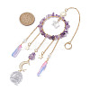 Natural Amethyst Chip Pendant Decorations with Brass Moon & Cable Chain & Electroplated Quartz Crystal Tassel HJEW-JM01650-03-3