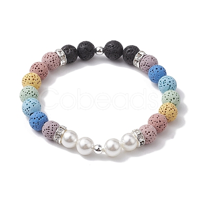 8mm Round 7-Color Natural Lava Rock & Shell Pearl Beaded Stretch Bracelets for Women Men BJEW-JB10330-01-1