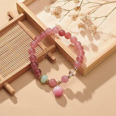 Natural Strawberry Quartz & Quartz Crystal Round Beaded Stretch Bracelet BJEW-JB09014-1