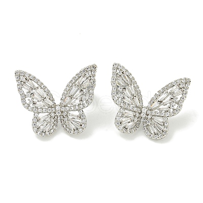 Rack Plating Butterfly Brass Micro Pave Clear Cubic Zirconia Stud Earrings EJEW-H014-09P-1