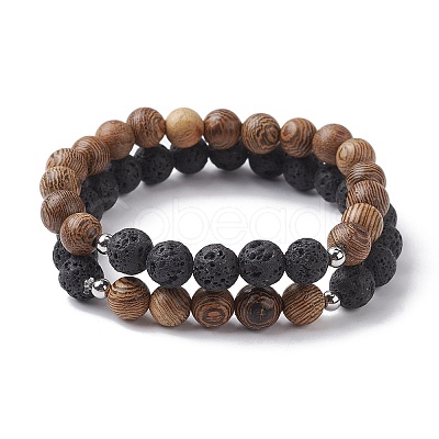 Natural Lava Rock & Wooden Round Beaded Stretch Bracelet BJEW-JB10075-01-1