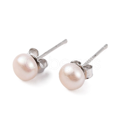 Natural Pearl Round Bead Stud Earrings EJEW-E298-01B-01P-1