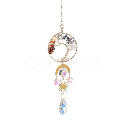 Wire Wrapped Natural Mixed Gemstone Tree of Life Pendant Decorations HJEW-K046-06G-01-1