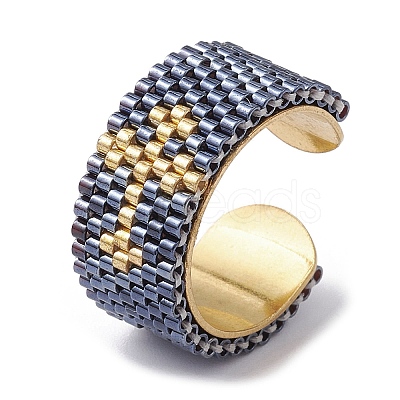 304 Stainless Steel Open Cuff Ring with Glass Seed Beaded RJEW-MZ00014-01-1