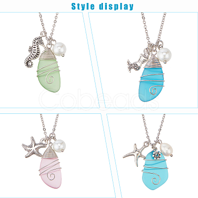 ANATTASOUL 4Pcs 4 Style Twist Teardrop Glass & Alloy Ocean Theme Pendant Necklaces Set NJEW-AN0001-57-1