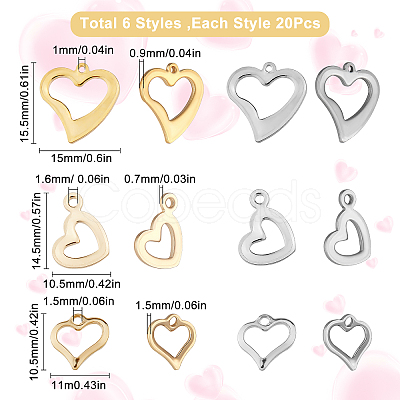 SUNNYCLUE 120Pcs 6 Style Stainless Steel Open Heart Charms STAS-SC0003-97-1