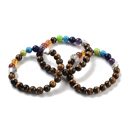 Chakra Round Natural Tiger Eye Beaded Stretch Bracelets BJEW-K251-05D-1