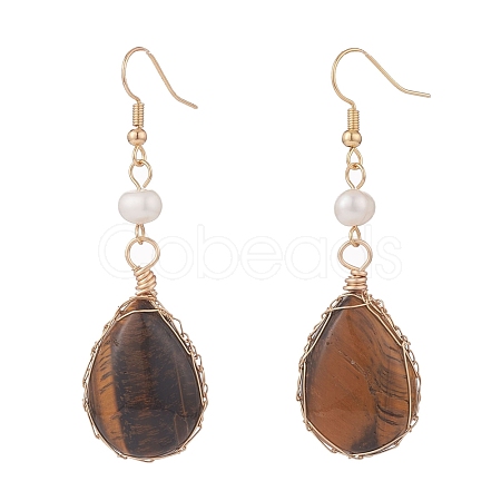 Natural Tiger Eye Teardrop Dangle Earrings with Natural Pearl EJEW-JE04850-04-1