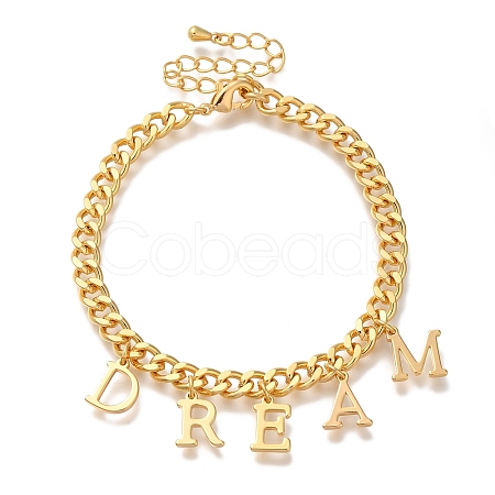 Letter DREAM Brass Charm Bracelets for Women BJEW-L696-111G-1