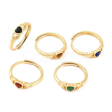 Hand with Heart Natural Mixed Stone Adjustable Rings RJEW-Q817-06G-1