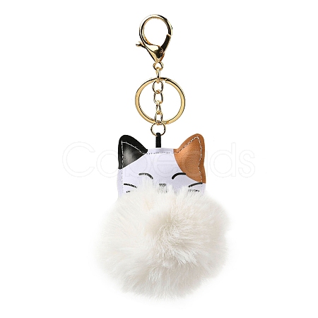Imitation Rex Rabbit Fur Ball & PU Leather Cat Pendant Keychain X1-KEYC-K018-05KCG-01-1