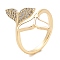 Leaf Rack Plating Brass Micro Pave Cubic Zirconia Open Cuff Rings for Women, with Shell, Long-Lasting Plated, Lead Free & Cadmium Free, Golden, Inner Diameter: 18mm