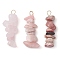 Gradient Color Natural Rose Quartz & Natural Rhodonite & Natural Pink Opal Chip Beaded Pendants, with 304 Stainless Steel Loops, Golden, 28~34x7~10x7~10mm, Hole: 2x3mm, 3pcs/set