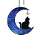 Glass Wall Decorations, for Home Decoration, Moon With Cat, Blue, 150x140mm