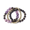 3Pcs 3 Style Heart Natural Purple Mica Stone & Lava Rock & Synthetic Hematite Beaded Stretch Bracelets Set BJEW-JB08736-7