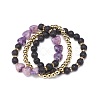 3Pcs 3 Style Heart Natural Purple Mica Stone & Lava Rock & Synthetic Hematite Beaded Stretch Bracelets Set BJEW-JB08736-7