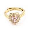 Rack Plating Brass Micro Pave Pink & Crystal Cubic Zirconia Heart Adjustable Rings RJEW-E064-17G-2