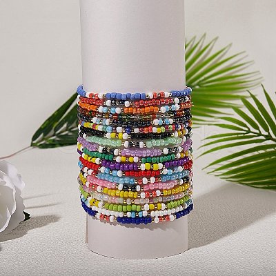 Candy Color Glass Seed Beads Stretch Anklets Set for Girl Women AJEW-SW00003-1