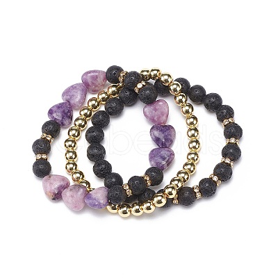 3Pcs 3 Style Heart Natural Purple Mica Stone & Lava Rock & Synthetic Hematite Beaded Stretch Bracelets Set BJEW-JB08736-1