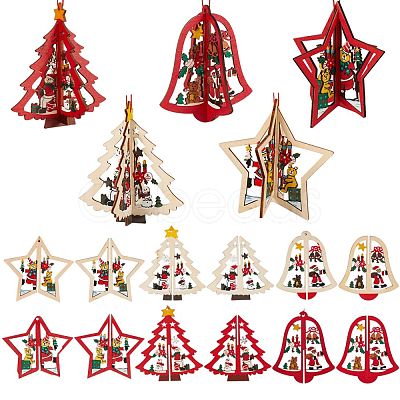 6 Sets 6 Style Christmas Tree & Star & Bell Wooden Ornaments DIY-SZ0003-39-1