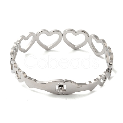 Titanium Steel Crystal Rhinestone Hollow Heart Hinged Bangles for Women BJEW-G719-19P-1