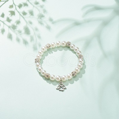 ABS Plastic Imitation Pearl  & Rhinestone Beaded Stretch Bracelet with Alloy Charm for Women BJEW-JB08526-03-1