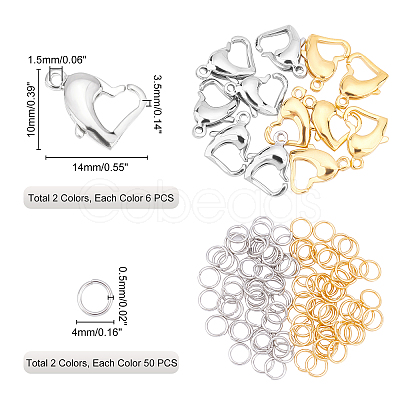 DICOSMETIC 112Pcs 4 Style 304 Stainless Steel Heart Lobster Claw Clasps and Open Jump Rings STAS-DC0001-14-1