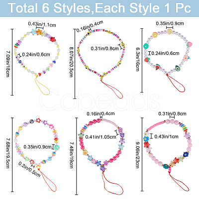 Gorgecraft 6Pcs 6 Styles Handmade Polymer Clay & Plastic Beaded Mobile Straps HJEW-GF0001-43-1