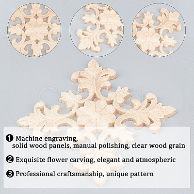 Natural Solid Wood Carved Onlay Applique Craft WOOD-WH0101-61-1